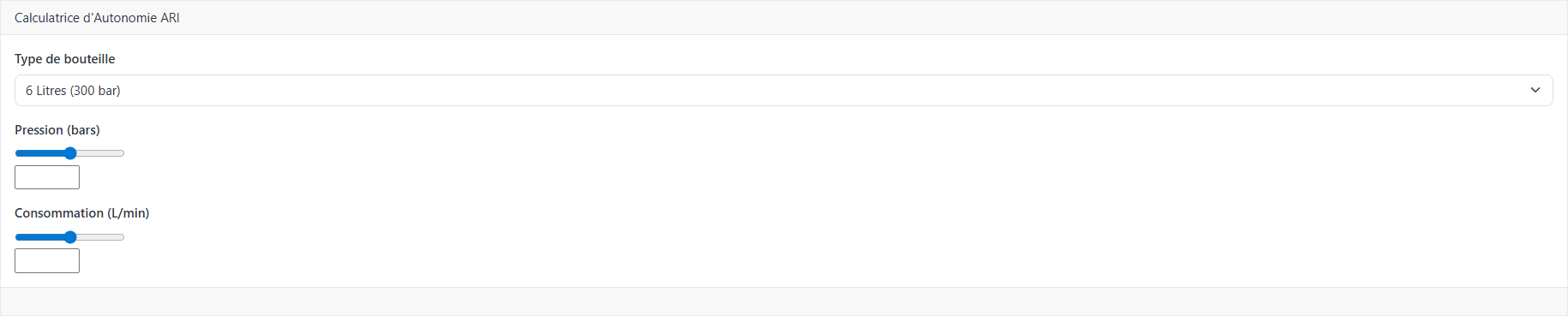 Type de bouteille, pression et consommation dans la calculatrice ARI.