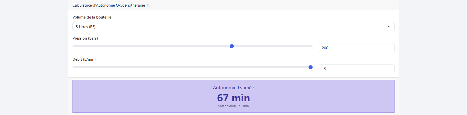 Volume de bouteille, pression et débit dans le calculateur d’autonomie.