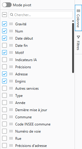 Volet de sélection des colonnes : cases à cocher et recherche.