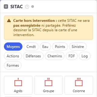 Catégories de symboles SITAC et avertissement hors intervention.