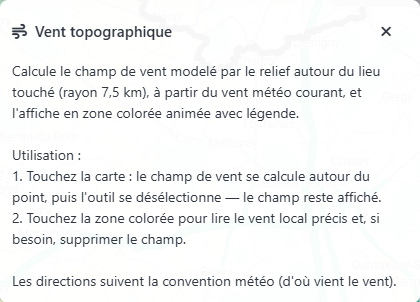 Aide du vent topographique : placement du point et lecture de la zone.