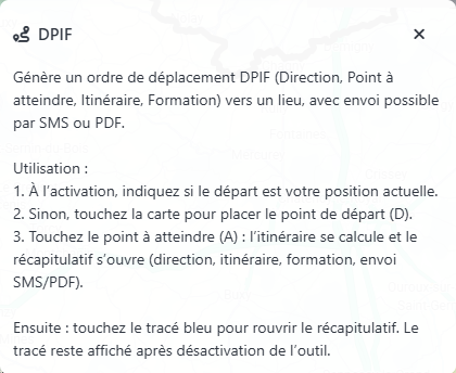 Aide du DPIF : départ, destination et récapitulatif.